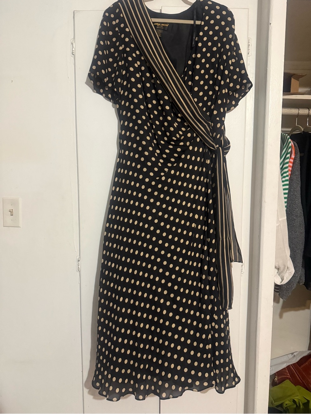 Black Polka Dot Silk Wrap Maxi Dress with Tie Detail - Picture 2 of 6